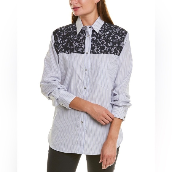 NWT Piazza Sempione Snap Front Shirt Stripe Lace Yoke Long Sleeve Sz 44 - Picture 1 of 14